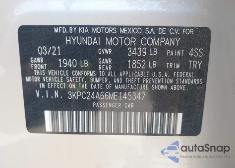 2021 Hyundai Accent Se из США, поврежденный, VIN 3KPC24A66ME145347